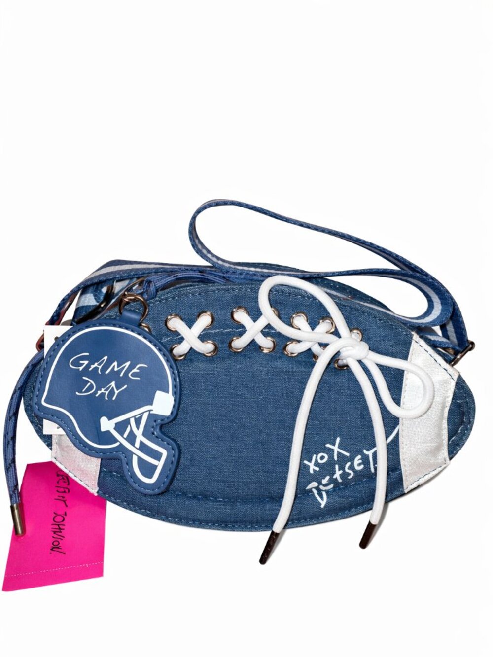 Betsey Johnson XO Fumble Football Denim Crossbody Bag Blue Game Day Purse Rare